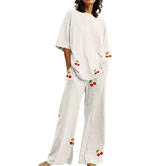 VISALY Women Pajama Sets Plus Size Loungewear Cotton Linen Sleepwear Floral Printed Matching Pajama Set Peasant Blouses Elbow-Length Tops Loose Pants Beige L