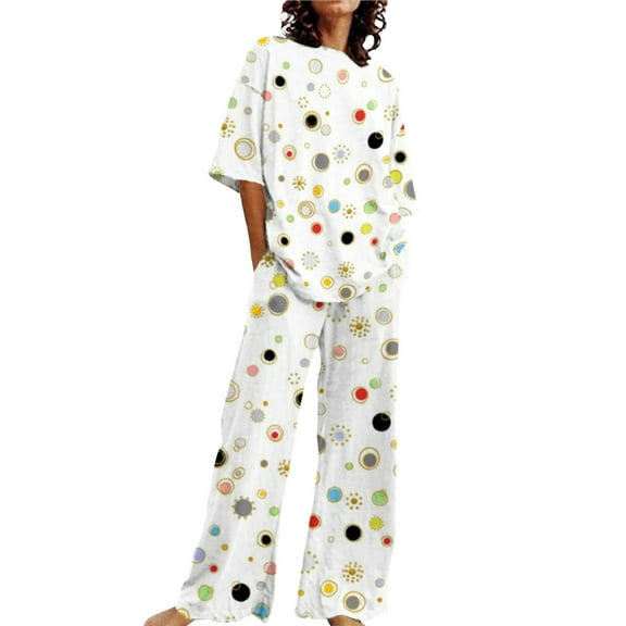 VISALY Women Pajama Sets Soft Sleepwear Cotton Linen Loungewear Print Two Piece Pajama Set Loose Fit Half Sleeve Blouses Long Pants White M