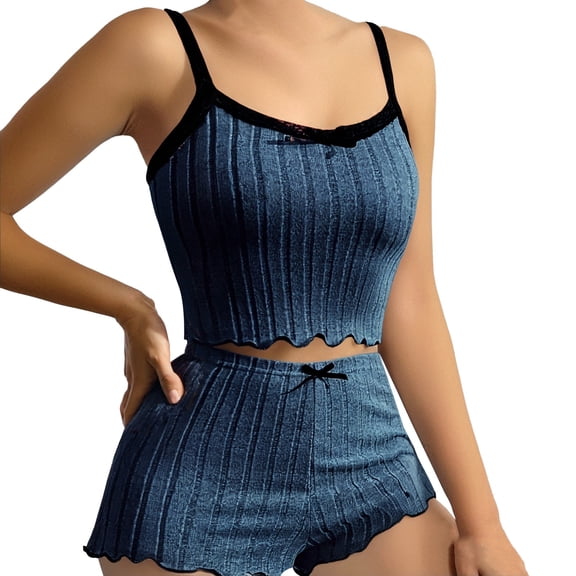 VISALY Women Pajama Sets Soft Sleepwear Lace Ribbed Knit Pajama Sets Sleeveless Camisole Tank Tops Short Comfy Loungewear Matching Set Stretchy Outfits Dark Blue S