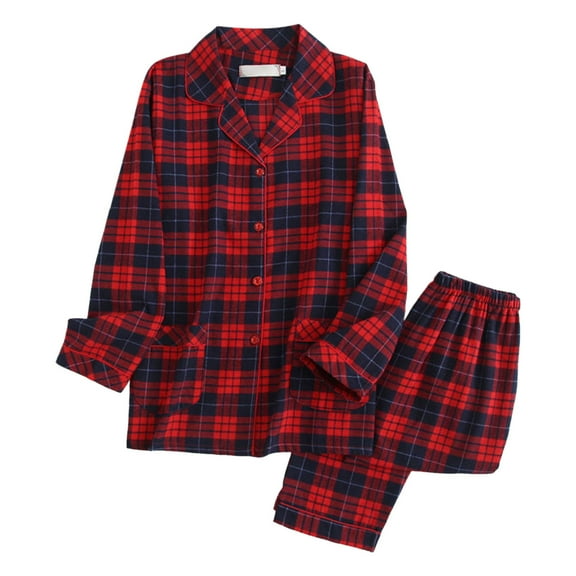 VISALY Women Pajama Sets Two Piece Pajama Set Plaid Fashion Sleepwear Comfort Soft Button Down Pajamas Cotton Breathable Longrwear Long Sleeve Lapel Shirt with Pocket Long Pant Fall Dark Blue Xl