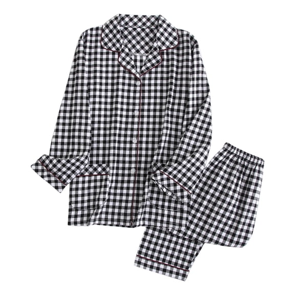 VISALY Women Pajama Sets Two Piece Pajama Set Plaid Fashion Sleepwear Comfort Soft Button Down Pajamas Cotton Breathable Longrwear Long Sleeve Lapel Shirt with Pocket Long Pant Fall Grey Xxl