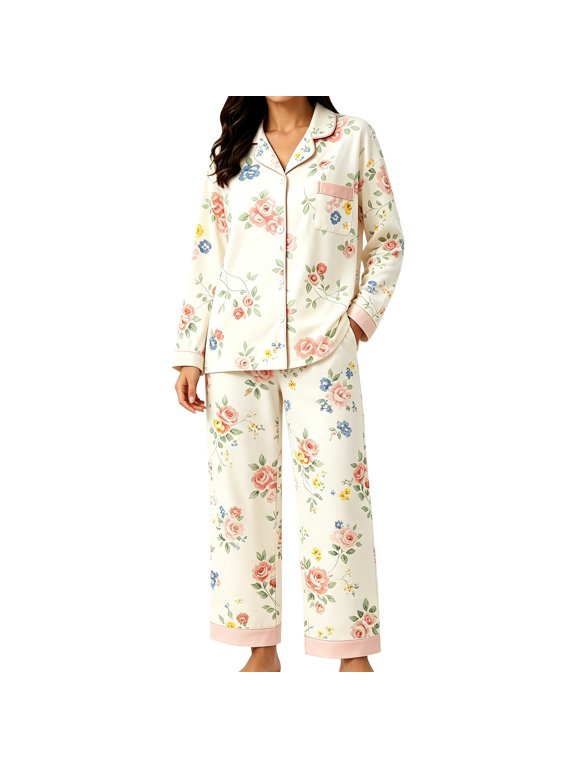 Women Pajamas Set Loose Long Sleeve Button Sleep Top Lightweight Casual Straight Leg Trousers Soft Comfy Floral Printed Nightwear Sleep Lounge 2 Piece Matching Pajama Set Blackish Green 3Xl