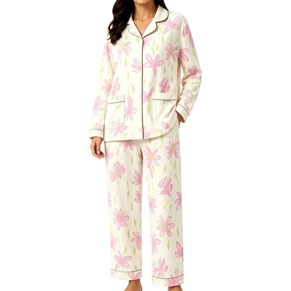 VISALY Women Pajamas Set Sleepwear Fall 2 Piece Soft Lounge Pjs Button Down Pajamas Long Sleeve Top and Wide Leg Pants Cute Casual Comfy Soft Loungewear Button Up Fall Fashion Clothes C M