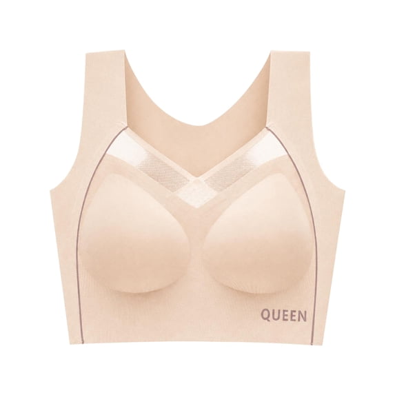VISALY Women Seamless Wirefree Lifting Shaping Posture Corrector Bras Soft Padded Full Coverage T-Shirt Bra for Senior Comfy No Underwire Pull On Support High Impact Yoga Workout Bralette Beige L