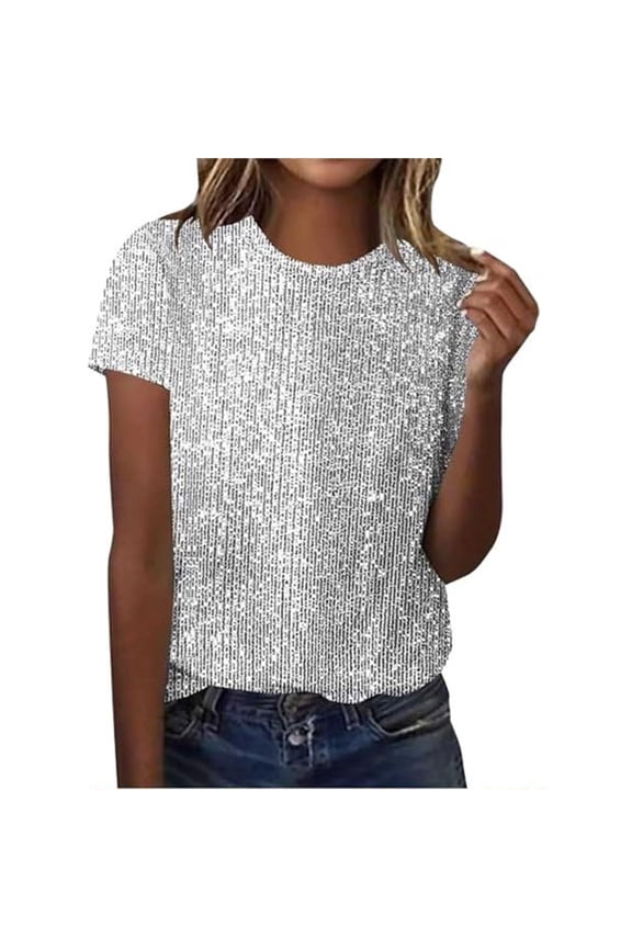 Women Sequin Tee Shirts Sparkle Glitter Round Neck Short Sleeve Crop Sparkly Tops for Women Party Night Sequin Top Casual Dressy Blouses Loose Fit Shirts Glitter Shimmer Basic T-Shirts White S