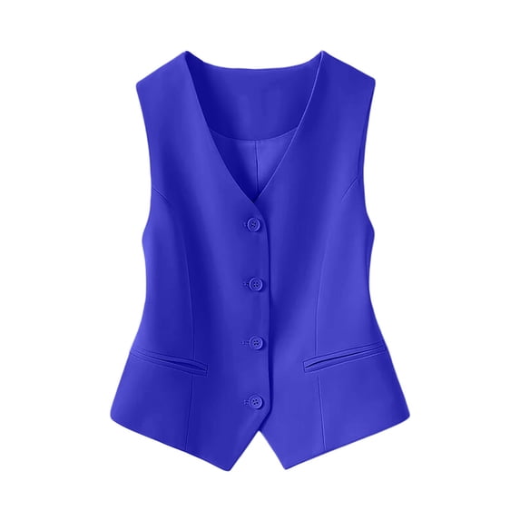 VISALY Women Sleeveless V Neck Blazer Vest Slim Fit Waistcoat with Pockets Business Casual Layering Waistcoat Blazer Vest Outerwear Button Down Cardigans Jacket Slim Fit Elegant Suit Vest Blue L