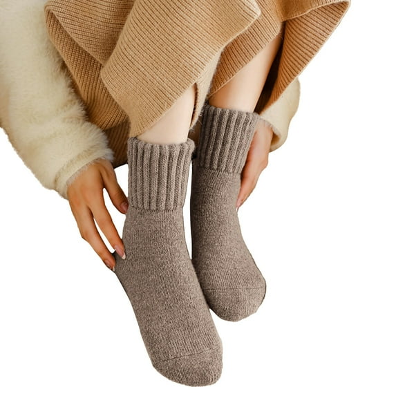 VISALY Women Solid Color Boots Socks Thick Warm Cozy Crew Socks Wool Socks Mid Calf Fleece Lined Socks Extra Thick Outdoor Warm Socks Khaki One Size