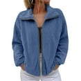 thumbnail image 1 of VISALY Women Solid Color Zipp Up Ribbed Corduroy Filled Cotton Collared Casual Jacket Long Sleeve Winter Coat Fall Outerwear Tops with Pockets Blue Xl, 1 of 9