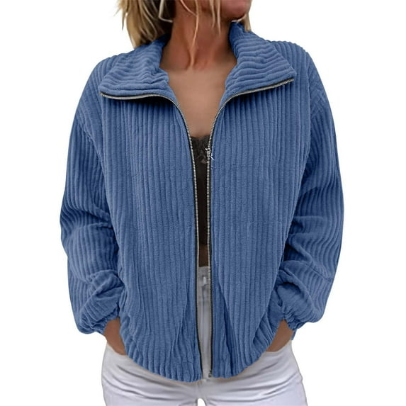 VISALY Women Solid Color Zipp Up Ribbed Corduroy Filled Cotton Collared Casual Jacket Long Sleeve Winter Coat Fall Outerwear Tops with Pockets Blue Xl