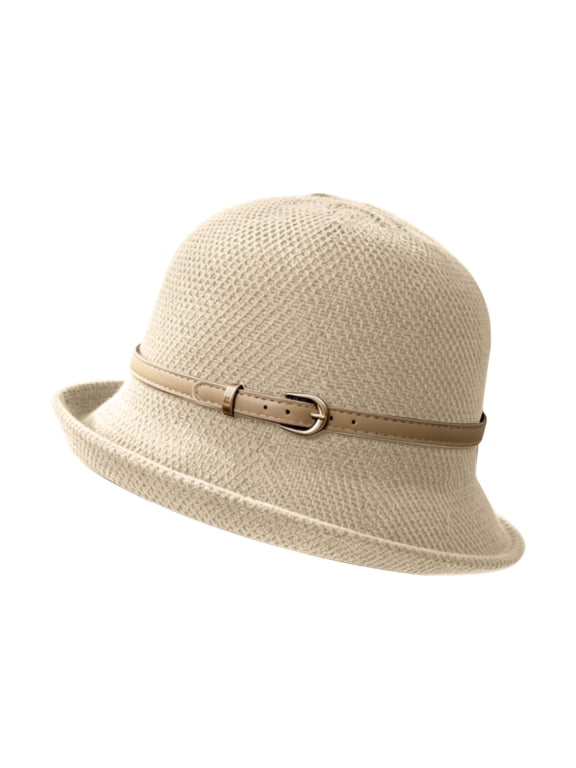 Women Straw Cloche Sun Hat Summer Bucket Hat with Buckle Belt Retro 1920S Beach Bowler Bucket Hats Fisherman Hat Rolled Brim Travel Cap Elegant Lightweight Uv Protection Hat Beigeone Size