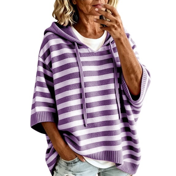 VISALY Women Striped Hooded Knit Poncho Drawstring V Neck Batwing 3/4 Sleeve Loose Pullover Sweater Oversized Soft Cozy Knit Plain Casual Top Plus Sized Half Sleeve Striped Hooded Sweater Purple M