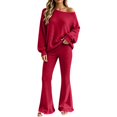 thumbnail image 1 of VISALY Women Two Piece Outfit Sets Off Shoulder Long Sleeve Knit Sweatshirts Sweater Loose Fit Flared Pants Casual Athleisure Sweatsuit Trendy Lounge Travel Workout Matching Tracksuit Wine Xl, 1 of 9