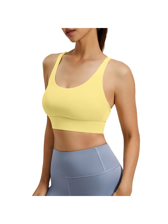 Women U Neck Sports Bra Wirefree Padded Workout Crop Tank Top Wide Strap Seamless High Stretch Yoga Push Up Bra for Gym Running Full Coverage Supportive Minimizer T-Shirt Bra Yellow S