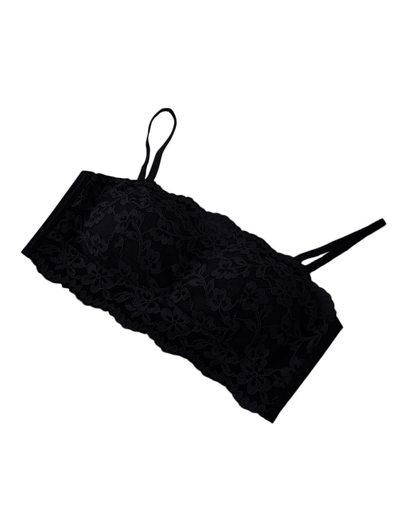 Women Wirefree Floral Lace Bandeau Bra Lace Floral Tube Top Square Neck Spaghetti Straps Soft Non Padded Seamless Bras Stretch Lace Bralettes Basic Layering Brassiere for Women Black Xl