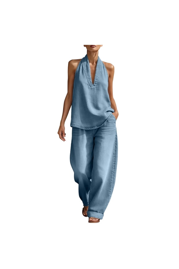 Women's 2 Piece Denim Outfit Halter V Neck Sleeveless Jean Vest Denim Cami Shirt High Waist Wide Leg Barrel Jeans Trendy Summer Matching Jean Outfits Two Piece Casual Outfits Light Blue S