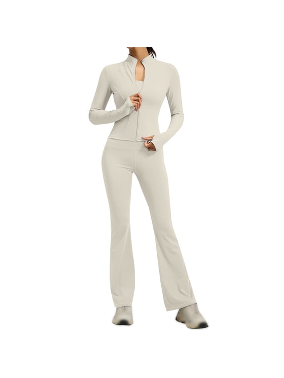 Women's 2 Piece Tracksuit Sets Long Sleeve Zipper Jacket with Athletic High Waist Flare Long Leggings Slim Fit Casual Sport Workout Outfit Athleisure Tracksuit Jogger Loungewear Set Beige S
