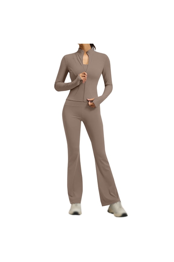 Women's 2 Piece Tracksuit Sets Long Sleeve Zipper Jacket with Athletic High Waist Flare Long Leggings Slim Fit Casual Sport Workout Outfit Athleisure Tracksuit Jogger Loungewear Set Khaki S