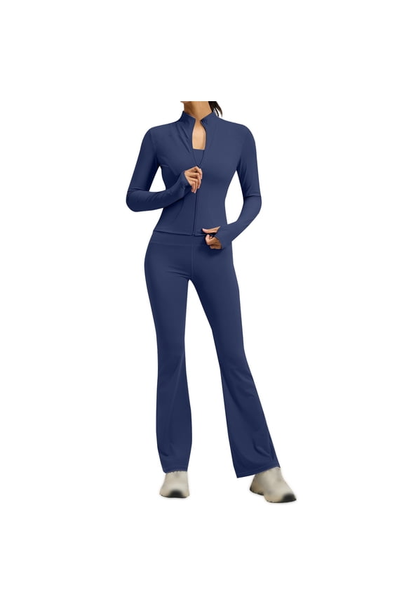 Women's 2 Piece Tracksuit Sets Long Sleeve Zipper Jacket with Athletic High Waist Flare Long Leggings Slim Fit Casual Sport Workout Outfit Athleisure Tracksuit Jogger Loungewear Set Navy S