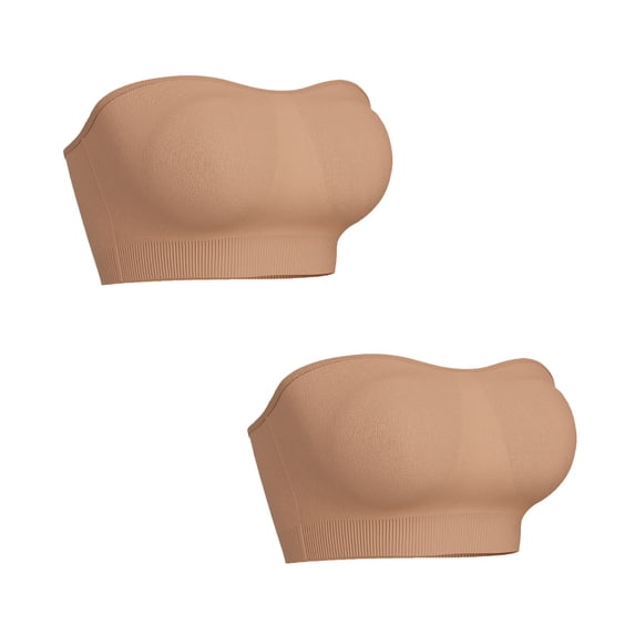 VISALY Women's 2Pack Strapless Bandeau Bralette Summer Strapless Padded Wireless Supportive Seamless Tube Top Bra Anti-Slip Plus Size Seamless Wireless Padded Bra Stretch Sleep Tube Top Beige L