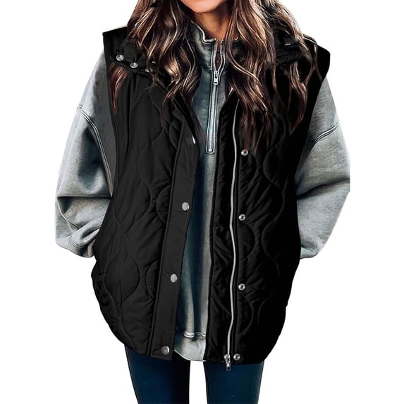 VISALY Women's Button Down Zip Up Jacket Vest Cropped Puffer Vest Women Lightweight Quilted Stand Collar Sleeveless Jackets Fall Winter Coat Black L