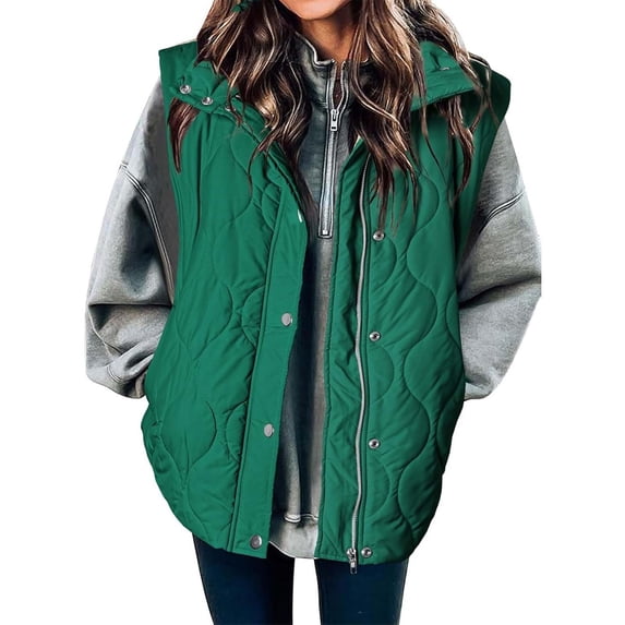 VISALY Women's Button Down Zip Up Jacket Vest Cropped Puffer Vest Women Lightweight Quilted Stand Collar Sleeveless Jackets Fall Winter Coat Green M