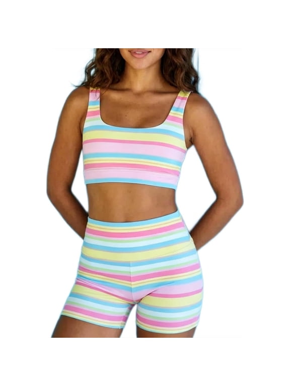 Women's Colorblock Striped 2 Piece Set Crop Top Bodycon Shorts Rainbow Striped Athletic Workout Sets High Waisted Cute Stripe Short Going Out Summer Matching Activewear Outfits Pink L