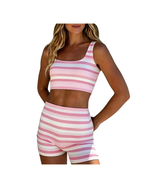 Women's Colorblock Striped 2 Piece Workout Set Square Neck Crop Tank Top High Waisted Biker Shorts Athletic Cute Matching Sets Summer Lounge Beach Gym Colorful Activewear Outfits Pink Xs