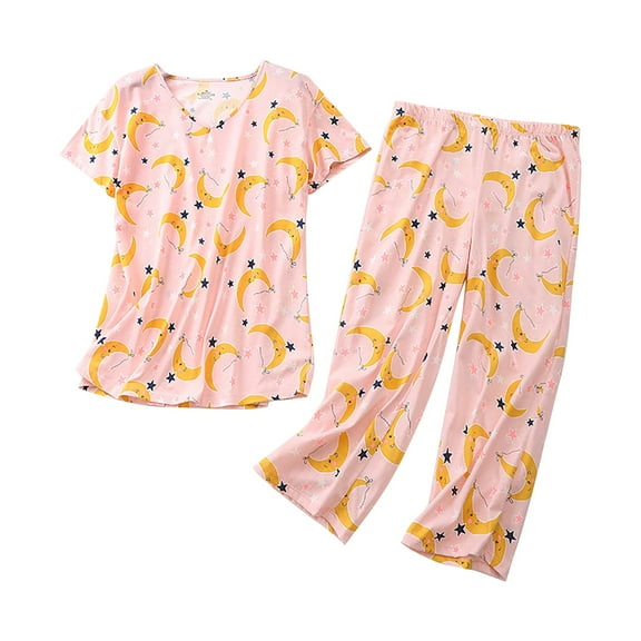 VISALY Women's Cotton Pajama Set Cute Pajama Sets 2 Piece Set Comfy Summer V Neck Short Sleeve Shirt Capri Pants Print Sleepwear Loose Pajama Sets Loungewear Orange S