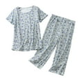 thumbnail image 1 of VISALY Women's Cotton Pajama Set Cute Pajama Sets Crewneck Short Sleeve Shirt Capri Pants Print Sleepwear Loungewear Sets Lightweight Summer Pajamas Matching Pajama Set Mint Green S, 1 of 3