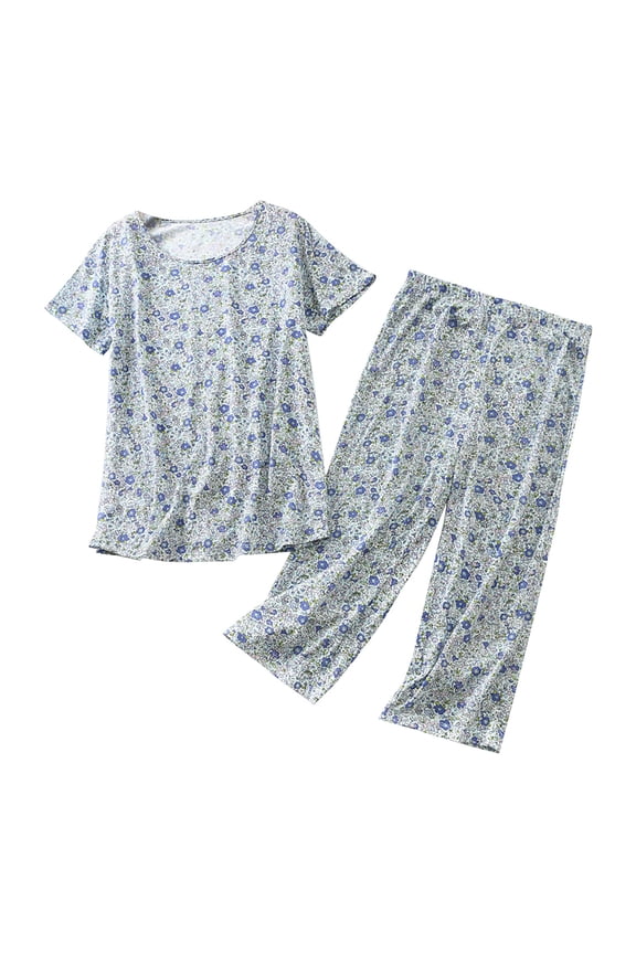Women's Cotton Pajama Set Cute Pajama Sets Crewneck Short Sleeve Shirt Capri Pants Print Sleepwear Loungewear Sets Lightweight Summer Pajamas Matching Pajama Set Mint Green L