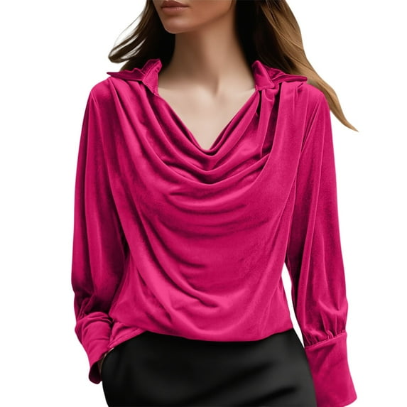 VISALY Women's Cowl Neck Velvet Tops Business Dressy Casual Blouses Tunic Tops Smocked Tops Long Sleeve Shirts Trendy Elegant Shirts Wrinkle Free Blouses Slim Fitted Blouses Fall Outfits Hot Pink M
