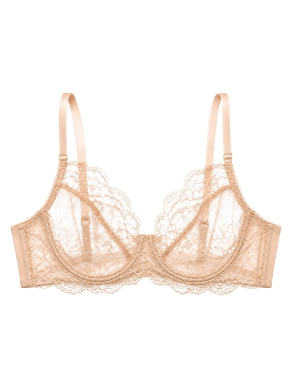 Women's Eyelash Lace Balconette Bra Plus Size Floral Lace Mesh Full Coverage Underwire Minimizer Bra Unlined Push Up Bralettes Non Padded Breathable Lightweight Supportive Underwear Beige 85B