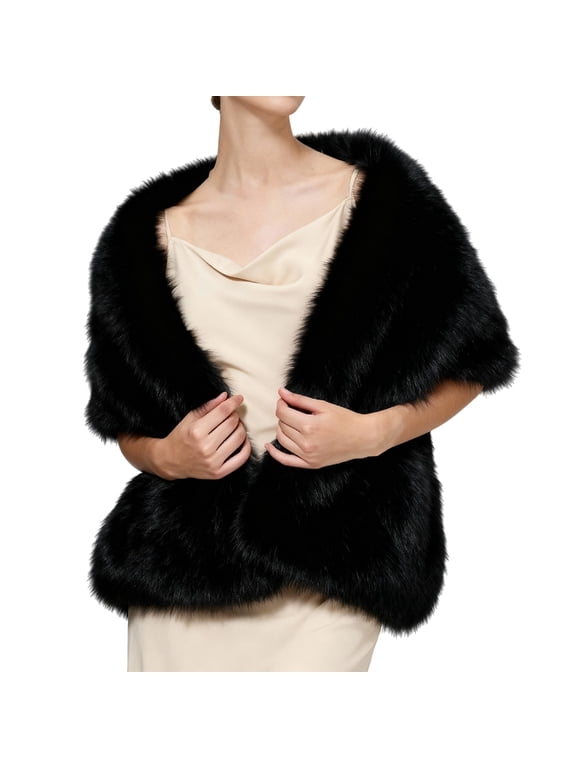 Women's Faux Fur Wraps for Evening Dresses Faux Fur Shrug Cape for Cold Winter Stole Plush Collar Shawl Scarf for Wedding/Party/Show Winter Warmer Neck Warmer Scarf Wrap Neck Black One Size