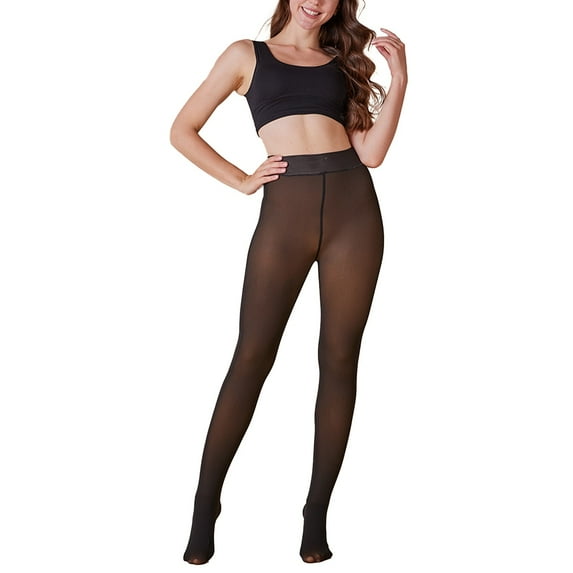 VISALY Women's Fleece Lined Tights Thermal Pantyhose Opaque Tights Fake Translucent Warm Pantyhose Leggings Sheer Thick Stockings for Winter Brown L