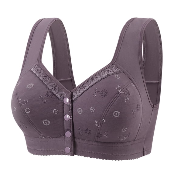 VISALY Women's Front Closure Wireless Bras Floral Print Bras Lounge Bras Sleep Bras for Women Everyday Bras Wireless Front Close Bra Full Coverage Bralette Comfy Bras Plus Size Bras Purple 46