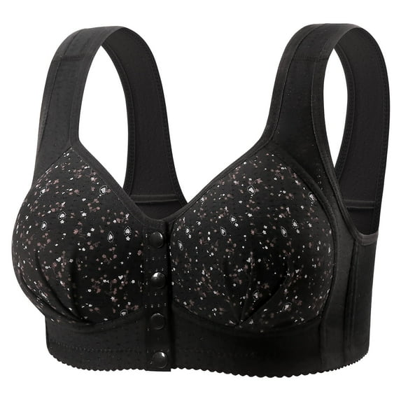 VISALY Women's Front Closure Wireless Bras Floral Print Bras No Underwire Bras Front Closure Bras Everyday Comfort Bras Front Button Bras Full Coverage Bralette Bras for Older Women Black 40