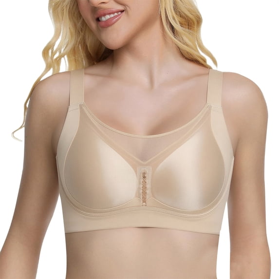 VISALY Women's Full Coverage Wireless Bra Lift Bust Shaping Bra Shape Lifting Bra Mesh Neckline Wide Strap Support Minimizer Everyday Bra Plus Size Lifting Comfort Full Coverage Bra Beige L