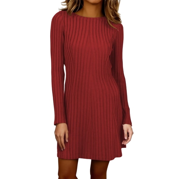 VISALY Women's Knit Dress Round Neck Casual Tunic Dress Slimming Fitted Dress Fall Trendy Elegant Dresses for Women Long Sleeve Crew Neck Soft Pullover Dress Basic Knit Sweater Dress Wine S