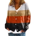 thumbnail image 1 of VISALY Women's Knitted Cardigan Sweater Long Sleeve V Neck Multicolor Striped Sweater Jumpers Button Down Tops Open Front Jacket White L, 1 of 3