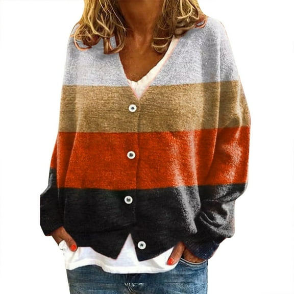 VISALY Women's Knitted Cardigan Sweater Long Sleeve V Neck Multicolor Striped Sweater Jumpers Button Down Tops Open Front Jacket White M
