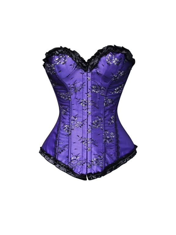 Women's Lace Overbust Corset Bustier Gothic Vintage Waist Trainer with Metal Clasps Slimming Shapewear for Party Clubwear Floral Lace Steampunk Corset Tops Going Out Bustier Purple S