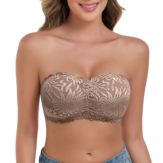 VISALY Women's Lace Strapless Bandeau Bra Padded Wireless Anti-Slip Tube Top Bra High Support Lace Comfortable Breathable Bra Non-Slip Seamless Convertible Bralette Sleeveless Bralettes Brown Xl