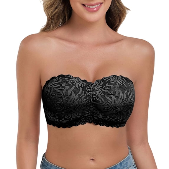 VISALY Women's Lace Strapless Bandeau Bra Padded Wireless Anti-Slip Tube Top Bra High Support Lace Comfortable Breathable Bra Non-Slip Seamless Convertible Bralette Sleeveless Bralettes Black L