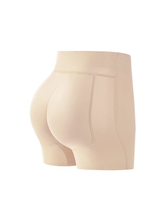 Women's Latex-Enhanced Boxer Briefs: 1.5cm Padding for Curved Silhouette, High-Waist Comfort Fit, Seamless Body Contouring Shorts, Beige,S