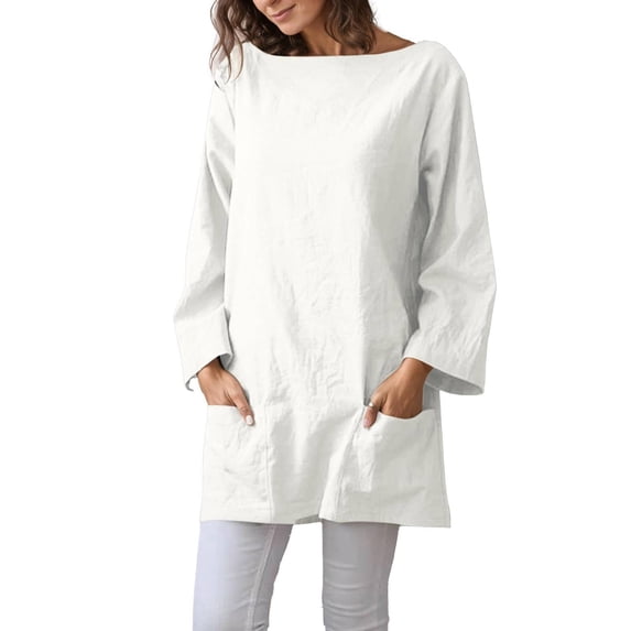 VISALY Women's Linen Long Sleeve Crewneck Tunic Shirt Loose Fit Casual Pullover Tops with Pockets Plain Wrinkle Free Blouses Long Blouses Dressy Casual Lightweight Spring Fall Shirts White Xxl