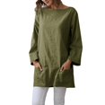 thumbnail image 1 of VISALY Women's Linen Long Sleeve Crewneck Tunic Shirt Loose Fit Casual Pullover Tops with Pockets Plain Wrinkle Free Blouses Long Blouses Dressy Casual Lightweight Spring Fall Shirts Green M, 1 of 6