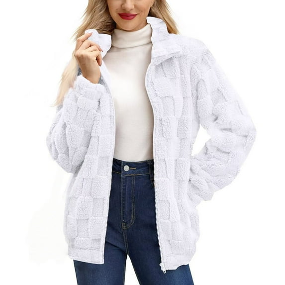 VISALY Women's Long Sleeve Full Zip Soft Warm Fleece Jacket Stand Up Collared Loose Solid Color Checkered Plush Cardigan Coat Soft Trendy Winter Coat White M