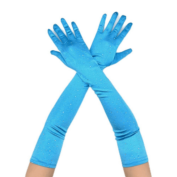 VISALY Women's Long Sparkly Rhinestone Gloves Stretchy Glitter Sparkle Elbow Length Mesh Arm Sleeve 1920S Opera Gloves Mittens for Evening Party Costume Accessories Sky Blue One Size