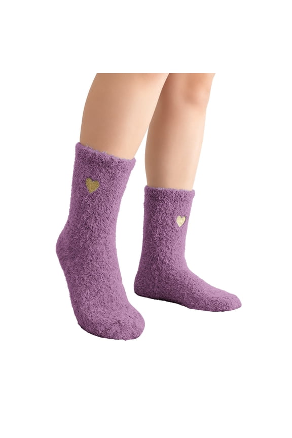 Women's Mid Length Tube Socks Warm and Thick Half Flannel Sleep Socks Coral Fleece Socks Love Printed Cute Soft Home Floor Socks Purple One Size