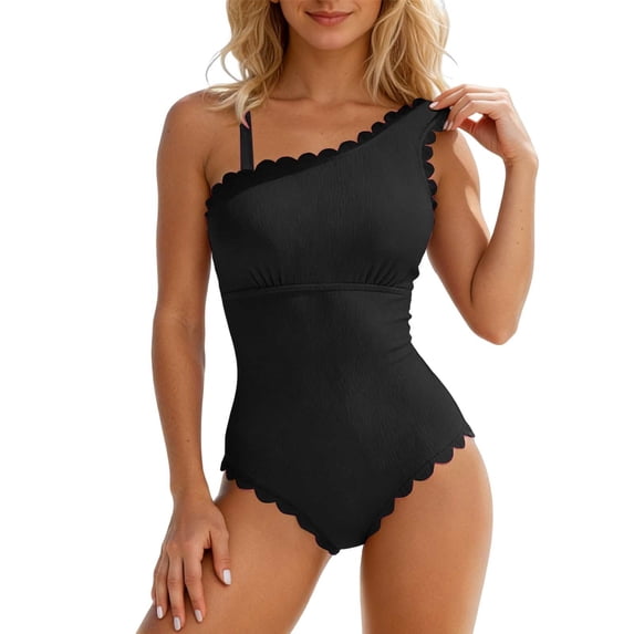 VISALY Women's One Piece Swimsuit One Shoulder Scalloped Ribbed Swimsuits Slimming Bathing Suit Full Coverage Modest Slimming Swimwear Tummy Control One Piece Beach Bathing Suit Black L
